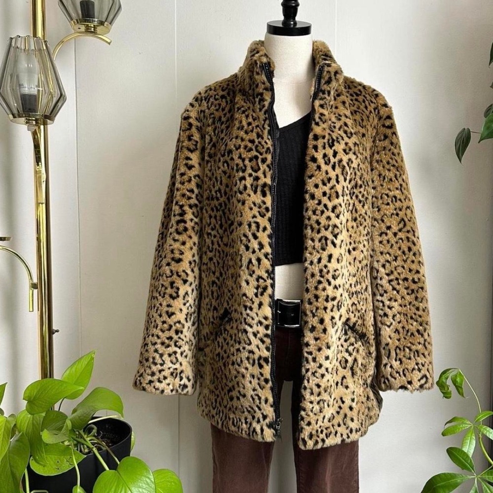Vintage White Stag Cheetah Faux Fur Jacket Zip Up Animal Print Tan Black 1X